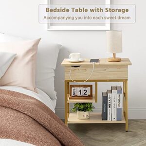 Hadulcet Side Table with Charging Station, Flip Top End Table with Storage Shelf for Living Room Bedroom Small Space Gold & Beige