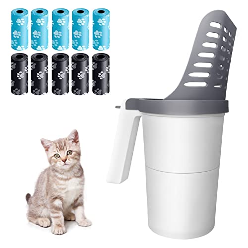 DVDGSC Cat Litter Scoop Integrated: Cat Poop Scooper with 150 Refill Bag - Kitty Litter Shovel with Litter Box with Holder - Cats Litter Scooper with Waste Container