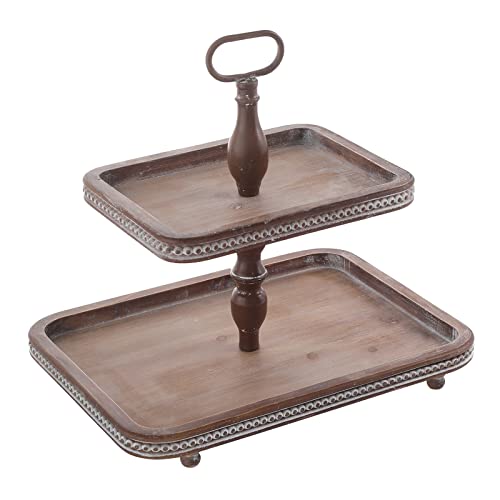 FESTWIND Farmhouse Wooden Rectangle Tiered Tray for Countertop, Small Beaded Tiered Tray Stand for Holidays, Two Tiered Tray Distressed Brown