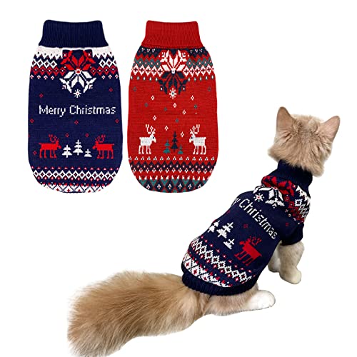 Vehomy 2Pcs Pet Christmas Sweaters Dog Christmas Sweater Kitten Cat Xmas Cat Turtleneck Knitwear Shirt with Snowflake Elk Pattern Dog Puppy Christmas Clothes Outfit Costume for Small Dogs S