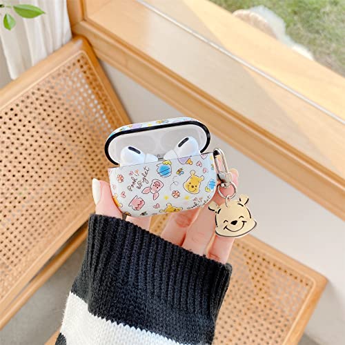 Compatible with AirPods 3 Case, Soft TPU Cover Keychain Charm for Apple AirPod 3 3rd Gen 2021 Winnie The Pooh Bear Piglet Yellow Anime Cartoon Cute Lovely Adorable Kids Girls