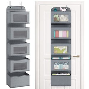 fixwal over the door hanging closet organizer wall mount pantry storage with 5 large pockets and clear window for baby nursery bedroom dorm pantry bathroom (grey)