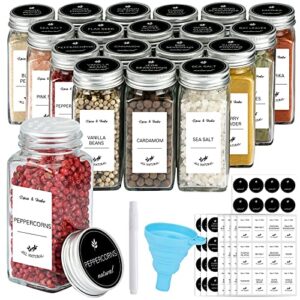 cucumi 18 pcs spice jars with labels, 4oz empty square spice bottles with shaker lids, airtight metal caps, collapsible funnel, chalk pen, seasoning containers for spice rack, drawer, cabinet