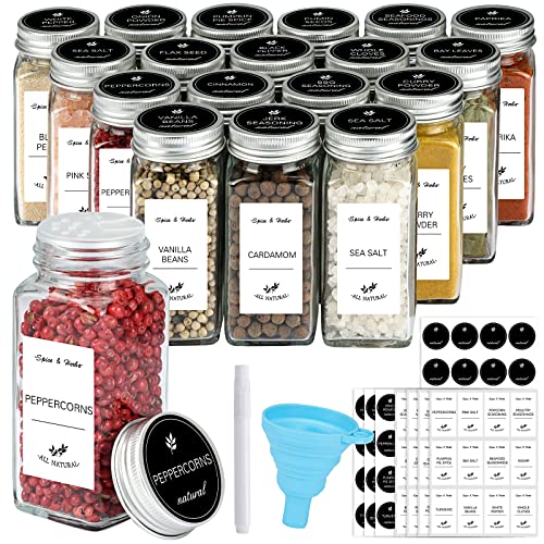 CUCUMI 18 Pcs Spice Jars with Labels, 4oz Empty Square Spice Bottles with Shaker Lids, Airtight Metal Caps, Collapsible Funnel, Chalk Pen, Seasoning Containers for Spice Rack, Drawer, Cabinet