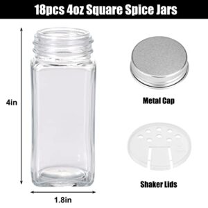 CUCUMI 18 Pcs Spice Jars with Labels, 4oz Empty Square Spice Bottles with Shaker Lids, Airtight Metal Caps, Collapsible Funnel, Chalk Pen, Seasoning Containers for Spice Rack, Drawer, Cabinet