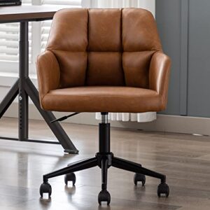 vescasa adjustable home office desk chair with comfy square tufted mid-back, faux leather 360 swivel upholstered task armchair with wheels for teens bedroom/living room, (brown)