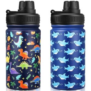 2 pieces modern kids water bottle with wide handle, 14 oz stainless steel insulated wide flask with leakproof lid, keep hot or cold cute metal water bottle for school boys girls (shark, dinosaur)