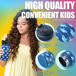 2 Pieces Modern Kids Water Bottle with Wide Handle, 14 oz Stainless Steel Insulated Wide Flask with Leakproof Lid, Keep Hot or Cold Cute Metal Water Bottle for School Boys Girls (Shark, Dinosaur)