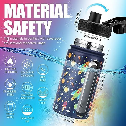 2 Pieces Modern Kids Water Bottle with Wide Handle, 14 oz Stainless Steel Insulated Wide Flask with Leakproof Lid, Keep Hot or Cold Cute Metal Water Bottle for School Boys Girls (Shark, Dinosaur)