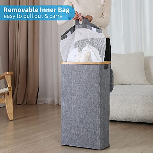 efluky Slim Laundry Hamper with Lid, Narrow Laundry Hamper with Removable Bag, Collapsible Dirty Clothes Basket with Handles for Bathroom, Bedroom & Laundry Room, 63L Blue-Grey