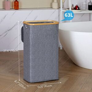 efluky Slim Laundry Hamper with Lid, Narrow Laundry Hamper with Removable Bag, Collapsible Dirty Clothes Basket with Handles for Bathroom, Bedroom & Laundry Room, 63L Blue-Grey