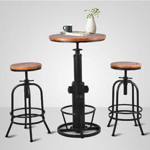 Vintage Bar Set includes Farmhouse Fire Hydrant Design Bistro Bar Table(38.6-44.4inch) and Set of 2 Industrial Bar Stools (26-32inch) Height Adjustable Swivel Wooden Top for Kitchen Dining Room Office