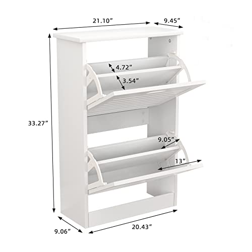 TENNTOU 2 Flip Drawers Shoe Storage Cabinet, Free Standing Shoe Rack, White Wood Slim Shoe Organizer Cabinet for Entryway, Hallway, Bedroom