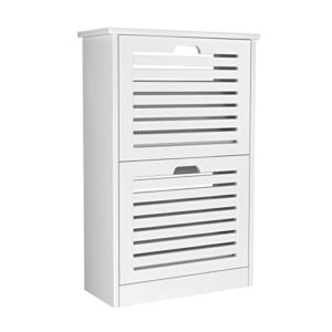 TENNTOU 2 Flip Drawers Shoe Storage Cabinet, Free Standing Shoe Rack, White Wood Slim Shoe Organizer Cabinet for Entryway, Hallway, Bedroom