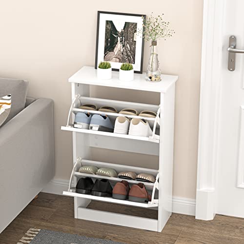 TENNTOU 2 Flip Drawers Shoe Storage Cabinet, Free Standing Shoe Rack, White Wood Slim Shoe Organizer Cabinet for Entryway, Hallway, Bedroom