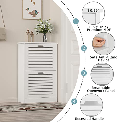 TENNTOU 2 Flip Drawers Shoe Storage Cabinet, Free Standing Shoe Rack, White Wood Slim Shoe Organizer Cabinet for Entryway, Hallway, Bedroom