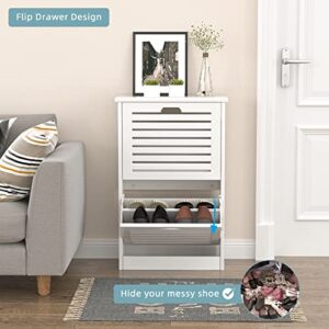 TENNTOU 2 Flip Drawers Shoe Storage Cabinet, Free Standing Shoe Rack, White Wood Slim Shoe Organizer Cabinet for Entryway, Hallway, Bedroom