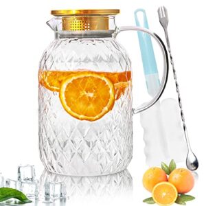 glass pitcher,68oz/2 liter glass pitcher with lid,iced tea pitcher,juice pitcher,lemonade pitcher,pitchers for drinks,glass water pitcher (with brush and mixing spoon)