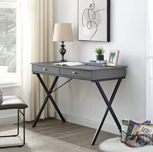 homsof frost grey finish 2 drawers writing desk with black stoving varnsih steel frame，mdf table top, gray,42"