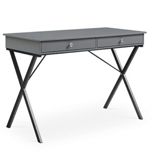 HomSof Frost Grey Finish 2 Drawers Writing Desk with Black Stoving Varnsih Steel Frame，MDF Table Top, Gray,42"