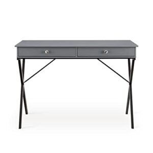 HomSof Frost Grey Finish 2 Drawers Writing Desk with Black Stoving Varnsih Steel Frame，MDF Table Top, Gray,42"