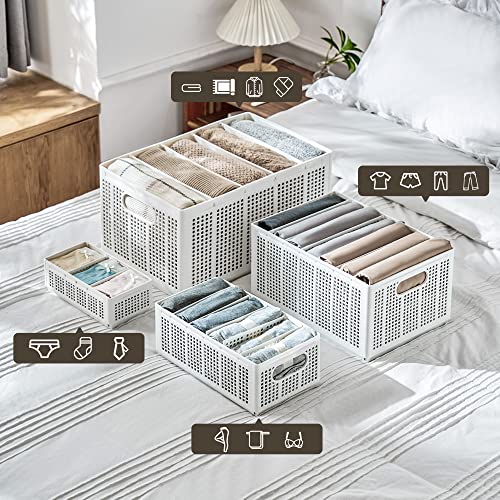 UNZIPE 4 Pack Plastic Baskets Storage Bins with Handle for Closet Organizing, Collapsible Cabinet Drawer Organizer for Shelves Storing Socks, Underwear, Bra, Ties, Belts