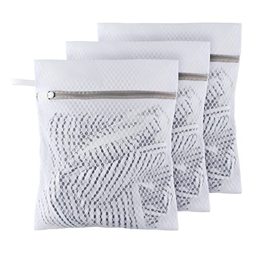 Small Honeycomb Lingerie Bags with Hanging Loop- 3 Pack MDSXO Mesh Laundry Bags for Washing Delicates, White Wash Bags for Socks, Bra, Mask, Baby Clothes 10*12 inch [3 Pack]