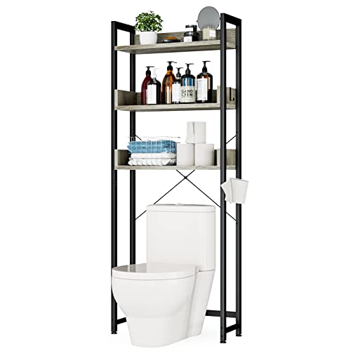 OTK Over The Toilet Storage, 3 Tier Bathroom Organizer Shelf, Freestanding Space Saver with Toilet Paper Holder, Multifunctional Over The Toilet Rack, Grey