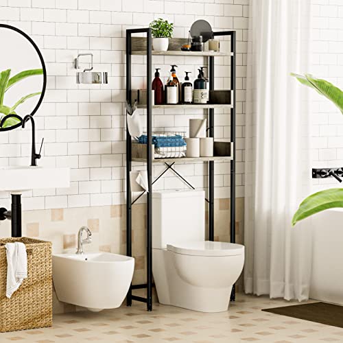 OTK Over The Toilet Storage, 3 Tier Bathroom Organizer Shelf, Freestanding Space Saver with Toilet Paper Holder, Multifunctional Over The Toilet Rack, Grey