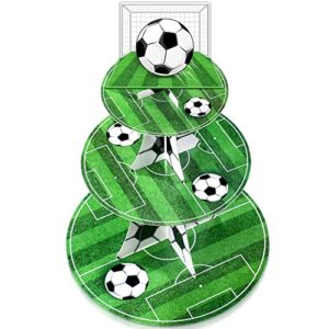 soccer theme party cupcake stand decorations, 3 tier soccer sports theme party cupcake topper stand soccer party soccer field decor for teenagers soccer sports birthday party supplies (soccer)