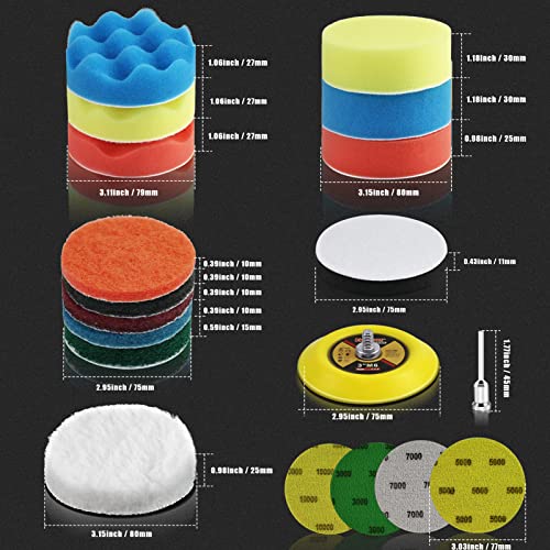 40 Pieces 3 Inch Headlight Restoration Kit, NAKOMD Sanding Discs with 1/4 1/8 Inch Shank Backing Pad, Scouring Pads, Polishing Pads, Scouring Pads, Wool Pads, Interface Cushion Pads for Electric Drill