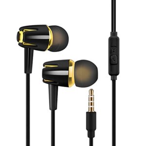 earbuds wired in-ear headphones with microphone, in-ear earbud headphones with mic, noise isolating, clear sound, ear bud tips, 3.5mm jack earphones for phones and laptops black + golden
