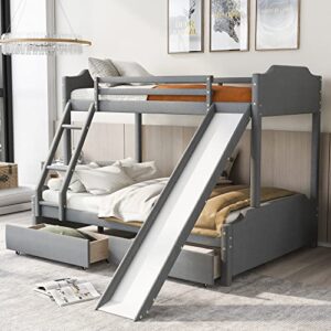 merax twin over full size upholstery bunk bed, solid wood bed frame with two drawers and slide, convertible slide and ladder, headboard and footboard, grey