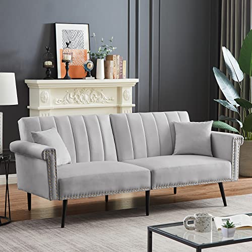 Antetek Convertible Futon Sofa Bed, Tufted Velvet Loveseat Sofa Couch with 3 Position Adjustable Backrest & 2 Toss Pillows, Mid-Century Modern Sofa for Living Room, Bedroom, Apartment, Grey