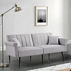 Antetek Convertible Futon Sofa Bed, Tufted Velvet Loveseat Sofa Couch with 3 Position Adjustable Backrest & 2 Toss Pillows, Mid-Century Modern Sofa for Living Room, Bedroom, Apartment, Grey