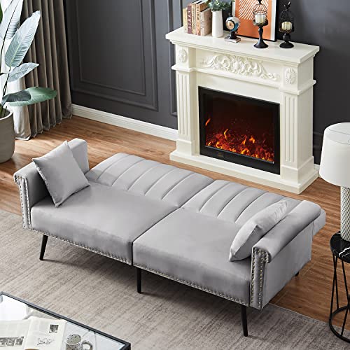 Antetek Convertible Futon Sofa Bed, Tufted Velvet Loveseat Sofa Couch with 3 Position Adjustable Backrest & 2 Toss Pillows, Mid-Century Modern Sofa for Living Room, Bedroom, Apartment, Grey