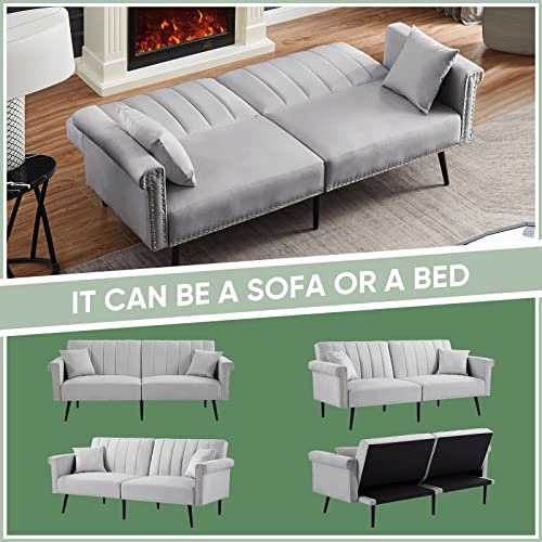 Antetek Convertible Futon Sofa Bed, Tufted Velvet Loveseat Sofa Couch with 3 Position Adjustable Backrest & 2 Toss Pillows, Mid-Century Modern Sofa for Living Room, Bedroom, Apartment, Grey