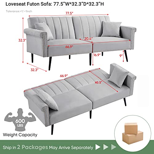 Antetek Convertible Futon Sofa Bed, Tufted Velvet Loveseat Sofa Couch with 3 Position Adjustable Backrest & 2 Toss Pillows, Mid-Century Modern Sofa for Living Room, Bedroom, Apartment, Grey