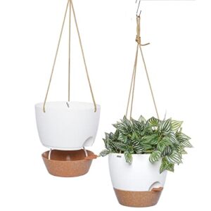 swinduck 10 inch self watering hanging pots, 2 pack hanging planters with 40oz deep reservior for indoor outdoor plants flowers, white with brown