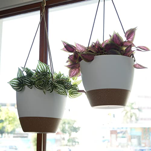 SwinDuck 10 Inch Self Watering Hanging Pots, 2 Pack Hanging Planters with 40oZ Deep Reservior for Indoor Outdoor Plants Flowers, White with Brown