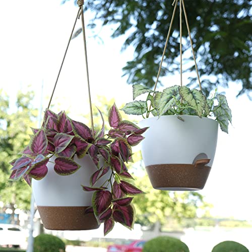 SwinDuck 10 Inch Self Watering Hanging Pots, 2 Pack Hanging Planters with 40oZ Deep Reservior for Indoor Outdoor Plants Flowers, White with Brown