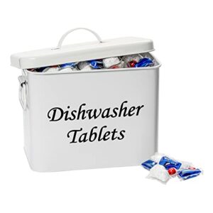 dishwasher pod container, large 3.8qt dishwasher detergent tablet storage container, holds 120+ pods, reusable kitchen organizer white rustic tin for kitchen organizing farmhouse deco and accessories