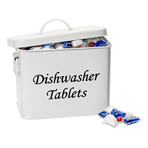 Dishwasher Pod Container, Large 3.8Qt Dishwasher Detergent Tablet Storage Container, Holds 120+ Pods, Reusable Kitchen Organizer White Rustic Tin for Kitchen Organizing Farmhouse Deco and Accessories