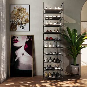 Wehiyo Free Standing Shoe Rack for Closet 10 Tiers Shoe Organizer Shoe Cabinet for Entryway 20-24 Pairs Boots and Shoes Organizer Closet Organizer and Storage Metal Stackable Shoe Shelf with Hooks