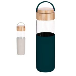 tanjoon 20 oz borosilicate glass water bottle with leak-proof bamboo lid and silicone handle and protective sleeve (teal) - bpa free - easy to carry - dishwasher safe