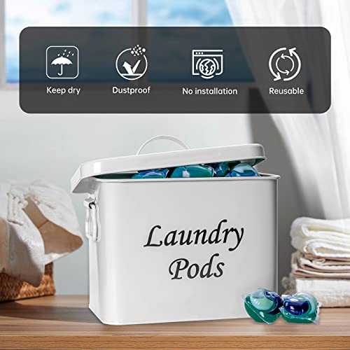 Laundry Pods Container, 3.8Qt Hold 88 Laundry Pods Storage Holder, White Laundry Storage Container White Rustic Tin Laundry Room Organizing Box Reusable Farmhouse Decoration