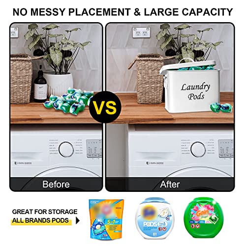 Laundry Pods Container, 3.8Qt Hold 88 Laundry Pods Storage Holder, White Laundry Storage Container White Rustic Tin Laundry Room Organizing Box Reusable Farmhouse Decoration