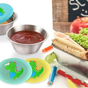 YZDTECH Salad Dressing Containers To Go, Reusable Small Containers with Lids, Stainless Steel Condiment Cup with dinosaur Leakproof Silicone Lids, Fits in Bento Box for Lunch