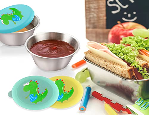 YZDTECH Salad Dressing Containers To Go, Reusable Small Containers with Lids, Stainless Steel Condiment Cup with dinosaur Leakproof Silicone Lids, Fits in Bento Box for Lunch