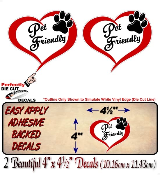 2- Pet Friendly Heart with Paw Love 4.5'' Decals Animals Welcome Paws Cute Store Entrance Sticker Decal Pet Adoption Rescue Kennel Car SUV Animal Shelter Vinyl Stickers